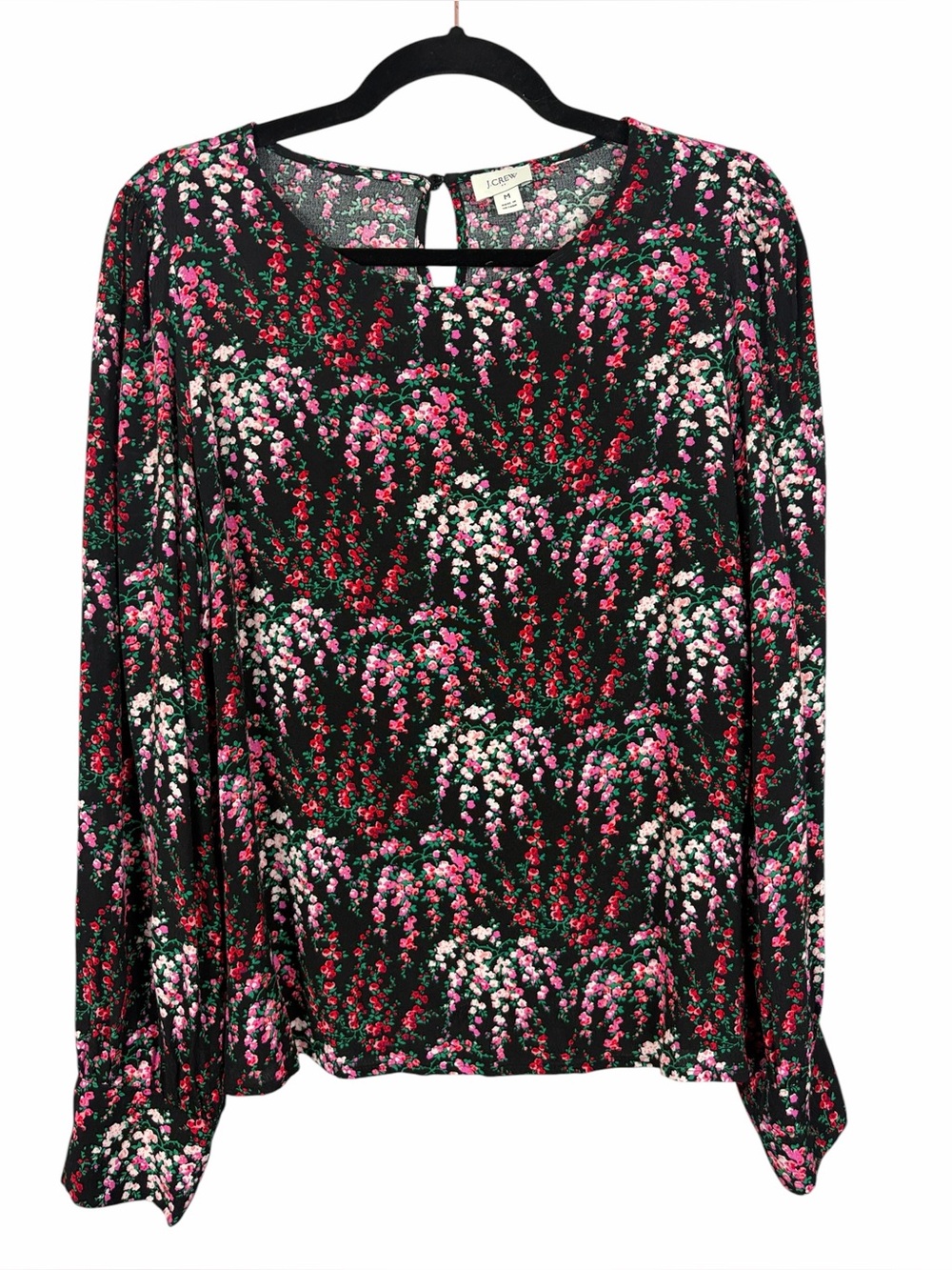 J.Crew Black Floral Long Sleeve Blouse 100% Viscose Balloon Sleeve Size Medium